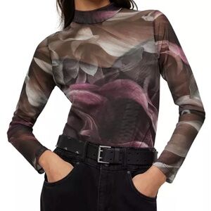 Sheer Floral Print Long Sleeve Top - Mauve Floral